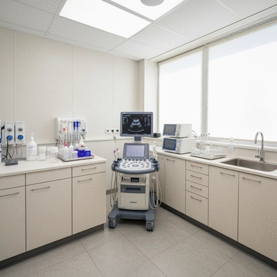 Modern veterinary diagnostic equipment in a clean clinic setting, including an ultrasound machine and laboratory tools