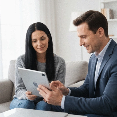 Pet owner interacting with a veterinarian using a tablet for telemedicine consultation, no text, no words, no typography, 8K