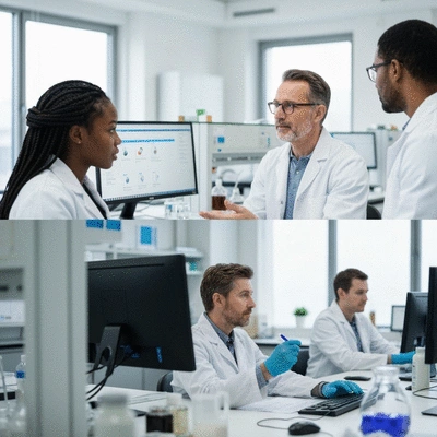 Scientists collaborating in a modern lab, diverse team, focus on ethical practices, clean and bright environment