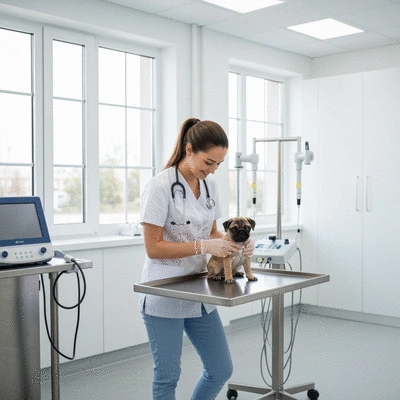 Veterinarian examining a small dog with advanced diagnostic equipment in a clean, modern clinic