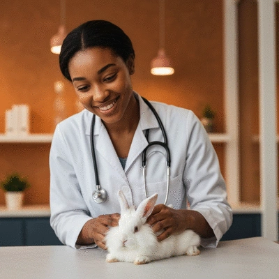 Veterinarian examining a small animal in a clinical research setting, with scientific equipment in the background.