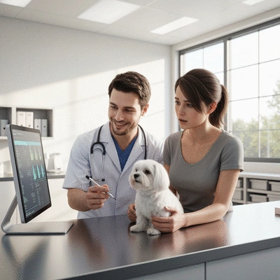Veterinarian looking at diagnostic results on a screen with a pet owner and their dog, professional and clean environment