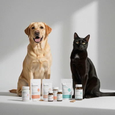 Happy dog and cat next to various pet wellness supplements in clean, modern packaging
