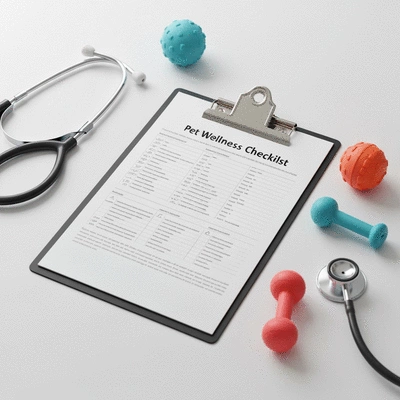 Detailed pet wellness checklist on a clipboard with vet supplies