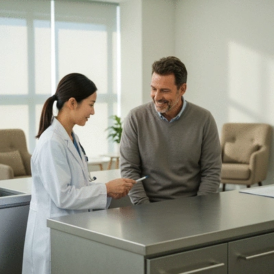 Veterinarian discussing pet care plan with a pet owner, clean clinic background