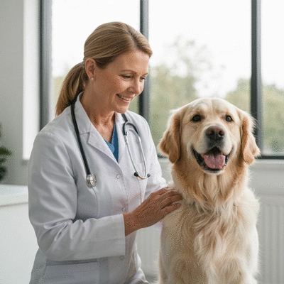 Veterinarian doing a routine check-up on a happy dog, clean clinic background