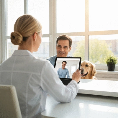 Veterinarian conducting a remote telemedicine consultation with a pet owner and their dog on a tablet