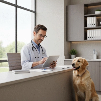 Veterinarian using a tablet to manage appointments and patient records, with a friendly golden retriever nearby, in a modern, clean veterinary clinic setting.