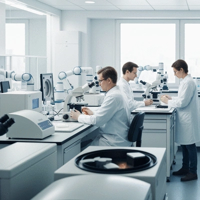 Modern animal research lab with scientists working ethically, clean environment, advanced equipment