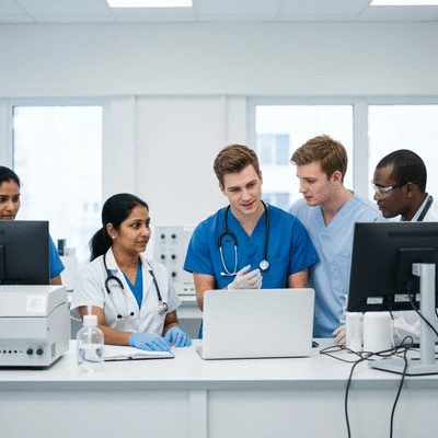 Veterinary professionals collaborating on ethical research, diverse team, modern lab setting, clean image, no text