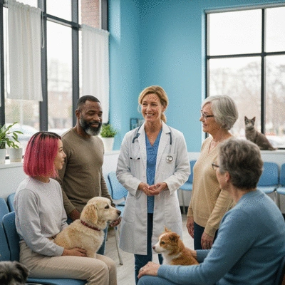 Diverse group of pet owners discussing pet health with a friendly veterinarian in a modern clinic setting