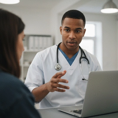 Veterinary professional attending an online webinar on a laptop, focused and engaged