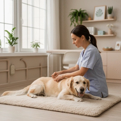 Happy dog receiving acupuncture treatment from a holistic veterinarian, calm atmosphere