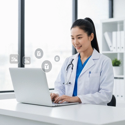 Veterinarian using a secure laptop with data encryption icons, representing cybersecurity in telehealth