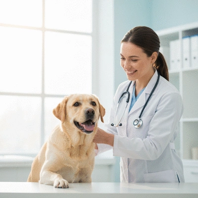 Happy pet getting a checkup at the vet, clean clinic background