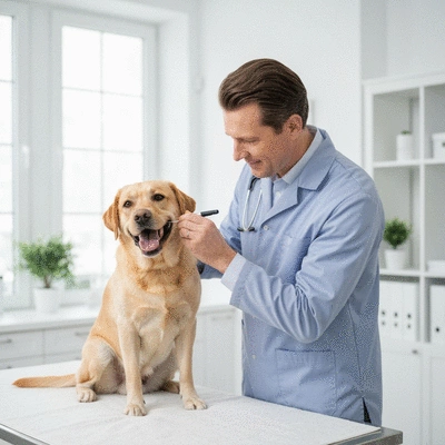 Happy pet getting a check-up from a vet, symbolizing proactive care