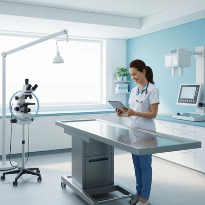 Comparison chart or infographic illustrating different features of veterinary software, clean and professional, on a digital screen.