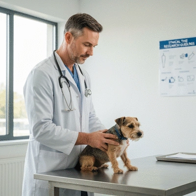 Veterinarian examining an animal with ethical research guidelines in the background, clean image, no text
