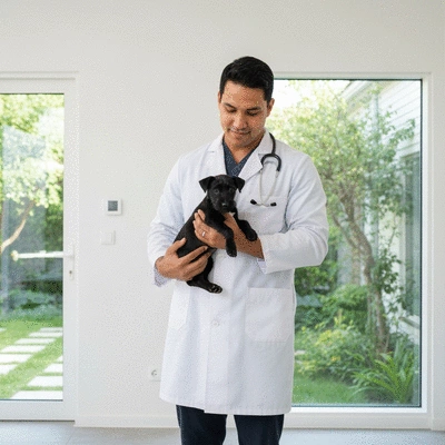 Veterinarian explaining pet health to a pet owner with a dog in a modern clinic