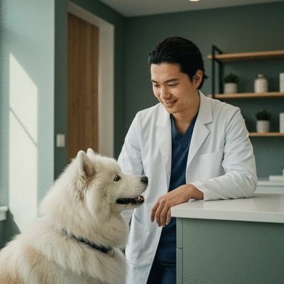 Veterinarian looking at research data on a tablet, with a dog calmly sitting beside them.